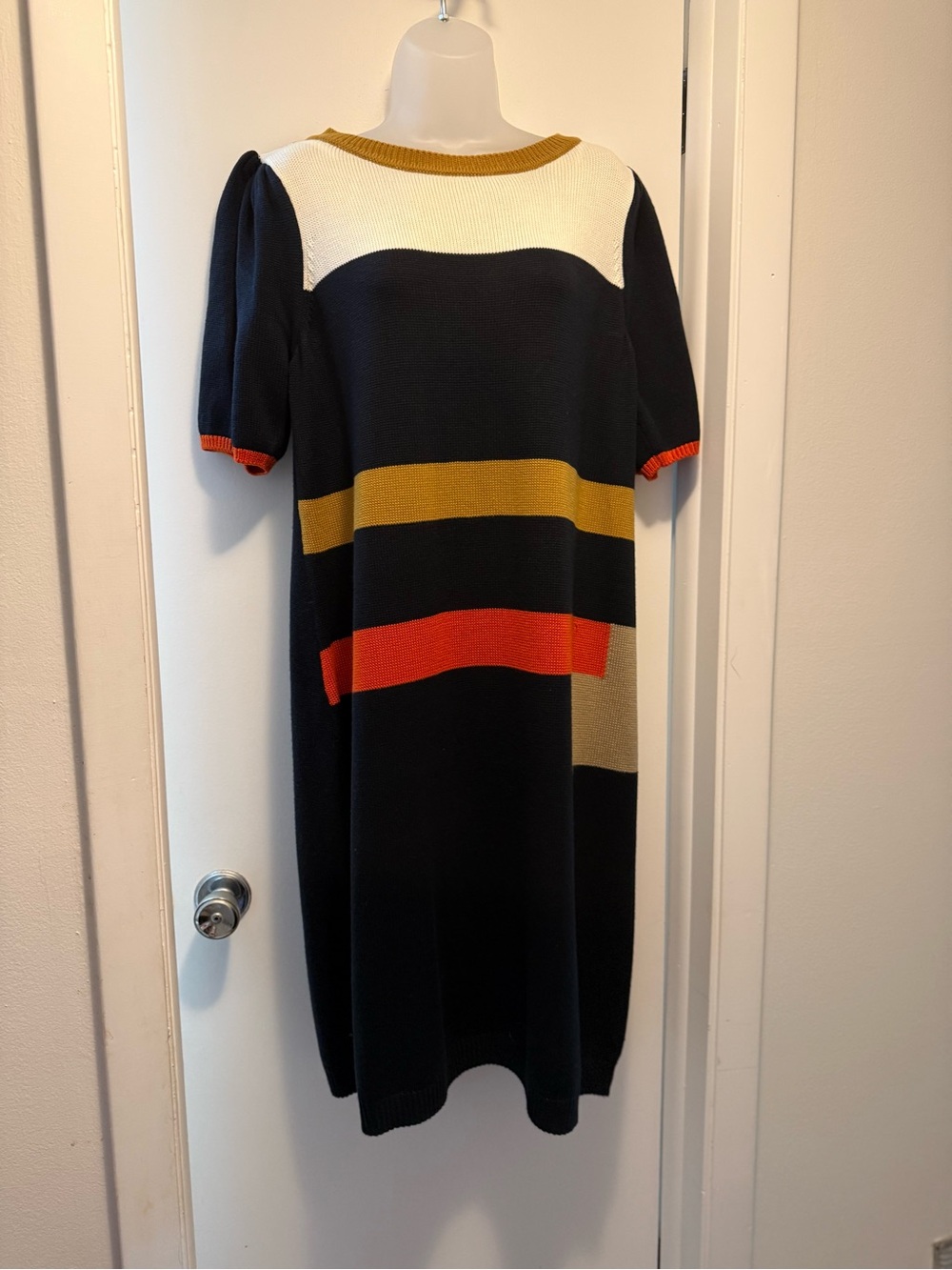 Jessica Howard Black Knit Midi Dress with Mustard, Red and Cream Accents